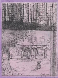 Ogród Lainey (pióro i tusz indyjski na fioletowym papierze)